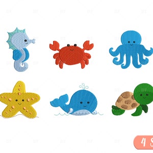 Mini Sea Animal embroidery designs, Whale embroidery design, Seahorse embroidery, Turtle embroidery, deep ocean, 4 Sizes