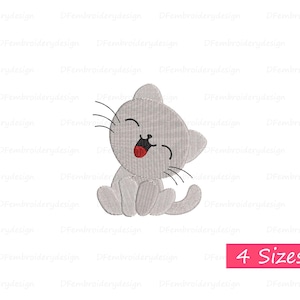 May include: A gray embroidered cat design with a happy expression, open mouth, and red tongue. The cat has black whiskers and is sitting with its legs tucked in. The image includes the text "4 Sizes" in a pink rectangle.