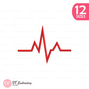 May include: A red heartbeat line design, a visual representation of a pulse, is displayed on a white background. The image includes the text "12 SIZES" in a pink rounded rectangle. The logo "DF Embroidery design" is in the lower left corner.