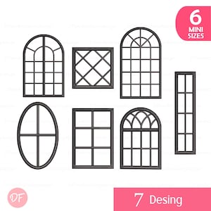 Könnte beinhalten: Eine Sammlung von sieben schwarzen Fensterdesigns in verschiedenen Formen, darunter Bögen, Rechtecke und Ovale. Das Bild enthält den Text "6 Mini Sizes" und "7 Desing".