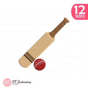 May include: An embroidery design featuring a tan cricket bat with a textured handle and a dark brown stripe near the base, accompanied by a red cricket ball with white stitching. A pink badge in the corner displays the text 12 SIZES.
