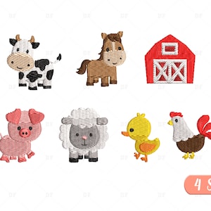 ミニ農場動物の刺繍デザイン、納屋農場の刺繍デザイン、牛、豚、馬、アヒル、羊、鶏の刺繍、7 つのデザイン、4 つのサイズ