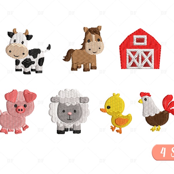 Mini Bauernhof Tiere Stickdatei, Scheunenbauernhof Stickmuster, Kuh, Schwein, Pferd, Ente, Schaf und Huhn Stickerei, 7 Design, 4 Größen