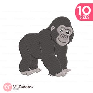 Può includere: Un disegno ricamato di un gorilla in stile cartone animato, in tonalità di grigio. Il gorilla è raffigurato in posizione di camminata con un'espressione amichevole. Il disegno include il testo "10 SIZES" in un riquadro rosa. È presente anche il logo "DF Embroidery design".