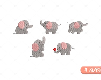 Mini Elephant Embroidery Designs, animals embroidery design, 5 Design, 4 Sizes