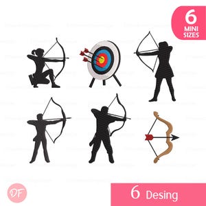 May include: A collection of six archery-themed designs. Silhouettes of archers in various stances, a target with arrows, and a bow and arrow are featured. The designs are in black and white, with a pink background that says "6 Mini Sizes" and "6 Desing".