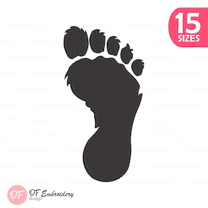 May include: A black footprint design with textured details, likely for embroidery or digital art. The image includes a pink circle with the number 15 and the word "SIZES". The logo "DF Embroidery design" is in the bottom left corner.