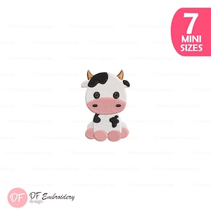 May include: A cute cartoon cow embroidery design. The cow is white with black spots, a pink face, and small brown horns. The design includes the text "7 MINI SIZES" in a pink oval.