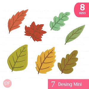 Può includere: Un assortimento di disegni di foglie ricamate in vari colori, tra cui rosso, verde, giallo e marrone. L'immagine include il testo "8 SIZES" e "7 Desing Mini".