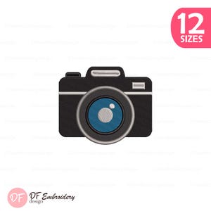 May include: A black camera design with a blue lens and a white highlight. The image includes the text "12 SIZES" in a pink circle and the logo "DF Embroidery design".