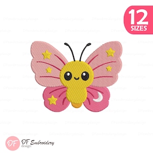 Puede incluir: Diseño de mariposa bordada con alas rosas, cuerpo amarillo y antenas negras. Las alas presentan estrellas amarillas y una luna creciente. El diseño incluye el texto "12 SIZES" en un círculo rosa y el logotipo "DF Embroidery design".