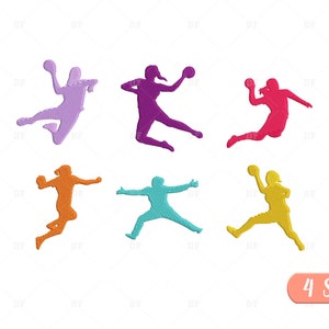 Könnte beinhalten: Sechs gestickte Silhouetten von Handballspielern in verschiedenen Farben: Lila, Magenta, Rot, Orange, Türkis und Gelb. Jede Figur ist in einer dynamischen Pose mit einem Ball in der Hand dargestellt. Der Text "4 Größen" ist enthalten.