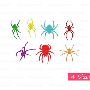 May include: A collection of eight embroidered spider designs in various colors, including green, yellow, blue, and red. The image also includes the text "4 Sizes" in a pink rectangle, indicating size options.