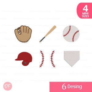 May include: A collection of baseball-themed graphics. Includes a baseball glove, bat, baseball, helmet, baseball seams, and a home plate. The image also includes the text "4 Mini Sizes" and "6 Desing".