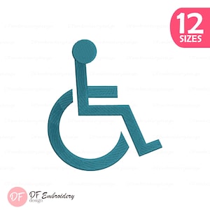 Pode incluir: Símbolo de cadeira de rodas bordado em verde-azulado. O design está em um fundo branco. A imagem inclui o texto "12 SIZES" em um oval rosa e o logotipo "DF Embroidery design".