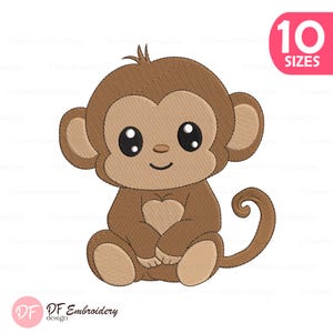 Puede incluir: Diseño bordado de un mono marrón con ojos grandes y expresivos, sentado con las manos juntas. El diseño incluye una forma de corazón en el pecho y una cola rizada. Un cuadrado rosa con el texto "10 TAMAÑOS" está en la esquina superior derecha.