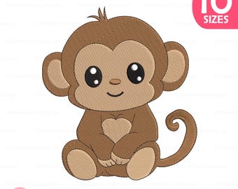 Disegno da ricamo per scimmietta: file per ricamo a macchina con animali della giungla (download immediato, 10 dimensioni)