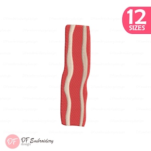 Puede incluir: Un diseño de bordado de una tira vertical de tocino con una sección de carne roja texturizada y dos rayas de grasa onduladas de color beige claro que corren paralelas a lo largo de la pieza. El diseño se presenta como un archivo digital para bordado.