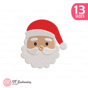 May include: Embroidered Santa Claus face with a red hat, white beard, and tan skin. The image includes the text "13 SIZES" in a pink circle and the "DF Embroidery design" logo.