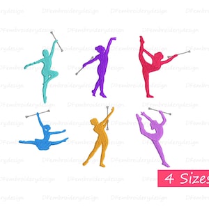 May include: A collection of six colorful embroidery designs featuring rhythmic gymnasts in various poses with batons. The designs are in shades of teal, purple, red, blue, yellow, and lavender. The text "4 Sizes" is in a pink rectangle.