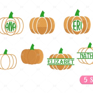 May include: Five different embroidery designs of pumpkins with names inside. The names are Ana, Eri, Nathan, and Elizabeth. The designs are available in five sizes.