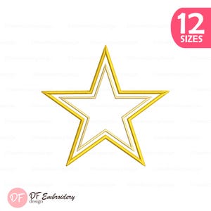 May include: A gold star design with a white interior and a double outline. The image includes the text "12 SIZES" in a pink circle. The logo "DF Embroidery design" is in the bottom left corner.