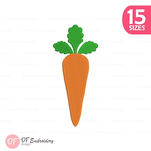 Könnte beinhalten: Eine gestickte orangefarbene Karotte mit grünen Blättern. Das Bild enthält den Text "15 SIZES" in einem rosa Oval und das Logo "DF Embroidery design".