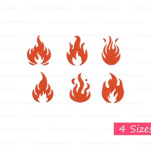 May include: Six stylized orange flame designs are arranged on a white background. The flames vary in shape and size, with a bright orange color. The bottom right corner features a pink rectangle with the text "4 Sizes".