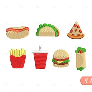 Mini Fast Food Embroidery Designs, Fast Food Embroidery Designs, Hamburger, Hot dog,Pizza, Taco embroidery, 7 Designs, 4 Sizes