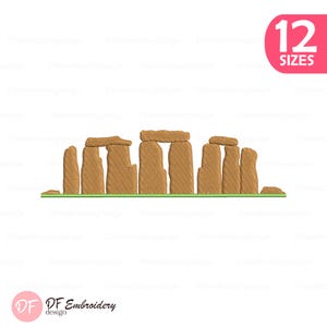 May include: An embroidery design featuring the Stonehenge monument rendered in brown thread with a green base line. The design depicts the iconic arrangement of vertical stone pillars and horizontal lintels. A pink corner badge displays 12 SIZES.