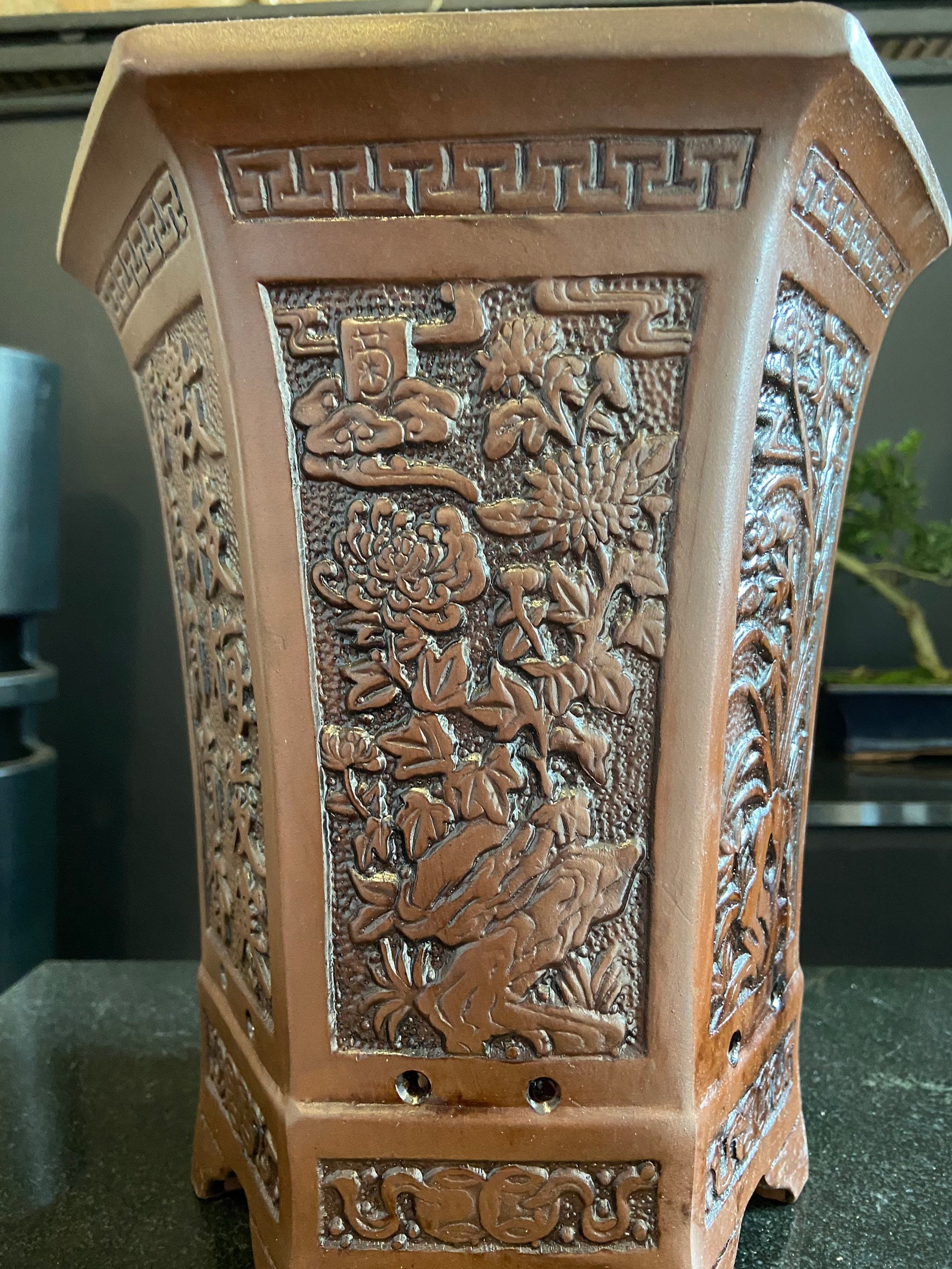 BONSAI POT LARGE Cascade Embossed Brown 26 cm Tall High | Etsy