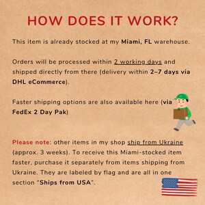 May include: Text on a tan background reads "HOW DOES IT WORK?" with information about processing and shipping times. A cartoon figure carries a package. An American flag is at the bottom.