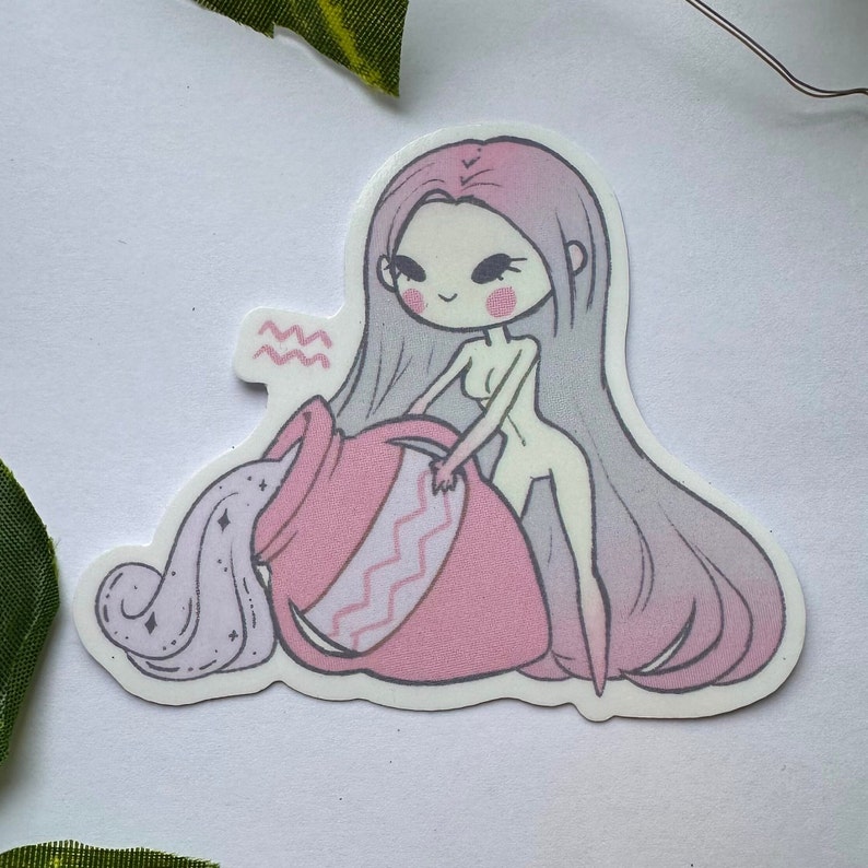 K&ouml;nnte beinhalten: Eine rosa und wei&szlig;e Illustration einer Cartoon-Frau, die Wasser aus einem rosa Krug gie&szlig;t. Die Frau hat langes rosa und wei&szlig;es Haar und tr&auml;gt ein rosa Kleid. Der Krug hat ein wellenf&ouml;rmiges Muster und ist mit dem astrologischen Symbol f&uuml;r Wassermann gekennzeichnet.