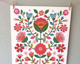 Colourful Folk Floral Style Illustration A4 giclee print