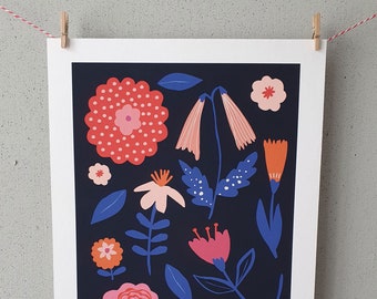 Pink & Blue Modern Botanical Floral Illustration | A4 giclee print | Abstract Floral Wall Decor