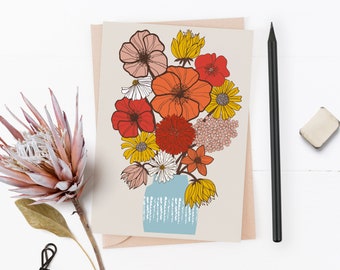 1970's Bright Retro Floral Blooms Greetings Card | Contemporary Floral Illustration | Blank Occasion Card | Notelet | Card Pack