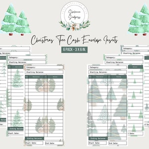 May include: Christmas Tree Cash Envelope Inserts, 6-pack, 3 x 6 in. Each insert features a Christmas tree design and sections for category, starting balance, description, and balance. Includes spaces for start and end dates.