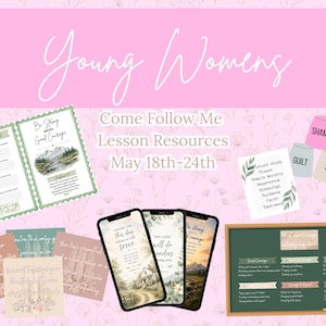 Könnte beinhalten: Rosa floraler Hintergrund mit dem Text "Young Womens". Enthält Unterrichtsmaterialien, eine Tafel und Handy-Mockups. Das Bild zeigt auch Tagebuchseiten und kleine Karten mit inspirierenden Zitaten.