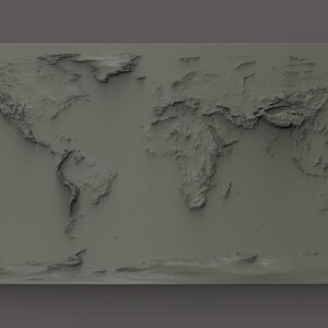 May include: A 3D relief map of the world with a gray color scheme. The map shows the continents and oceans in a raised, textured style.