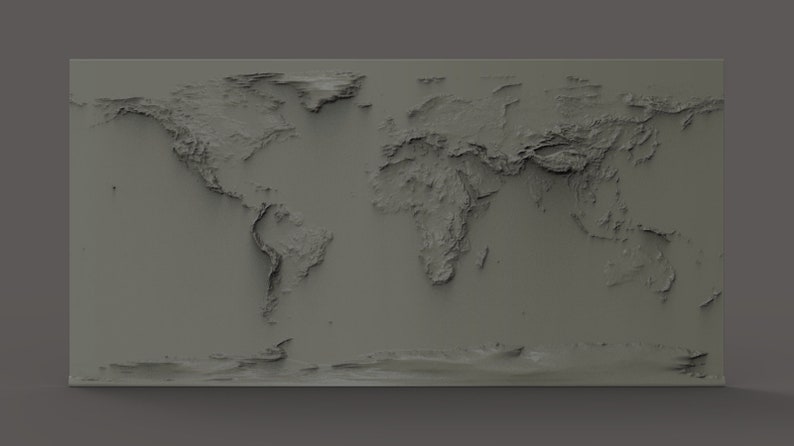 May include: A 3D relief map of the world with a gray color scheme. The map shows the continents and oceans in a raised, textured style.