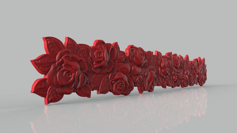 May include: A red 3D printed rose garland with intricate details. The garland is made up of multiple roses and leaves, creating a realistic and elegant design.