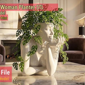 May include: A white ceramic planter in the shape of a woman's head and upper body, holding her hand to her face. The planter is filled with green leafy plants. Text on the image reads "African Woman Planter STL" and "Digital File".