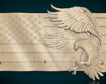 Può includere: Una scultura in legno di una bandiera americana con un'aquila appollaiata nell'angolo in basso a destra. Le ali dell'aquila sono spiegate e la bandiera sventola al vento.