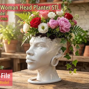 May include: A white ceramic head planter with a woman's face, filled with soil and colorful flowers. The planter has large hoop earrings and a circular base. Text on the image reads "African Woman Head Planter STL" and "Digital File".