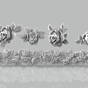 May include: A set of five white 3D printed rose designs. The designs include a single rose, a cluster of roses, and a border of roses.