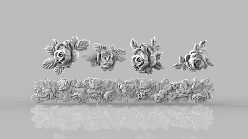 May include: A set of five white 3D printed rose designs. The designs include a single rose, a cluster of roses, and a border of roses.