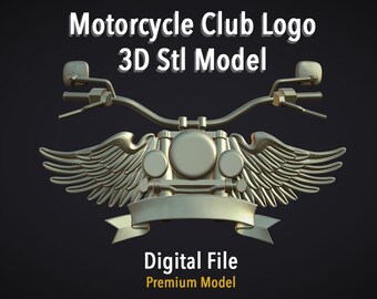 May include: A 3D model of a motorcycle club logo. The logo features a motorcycle with wings and a banner. The model is made of silver metal and is ready to be printed.