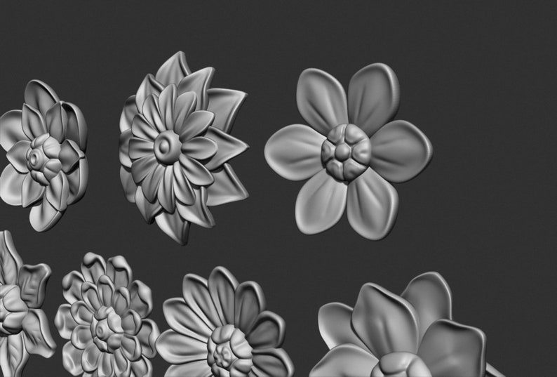 May include: A collection of seven 3D printed flower designs. The flowers are all different shapes and sizes, and they are all made of a smooth, white material.