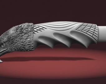 May include: A silver-coloured eagle head knife handle with a textured design. The handle is made of metal and has a detailed eagle head on one end and a smooth, cylindrical end on the other.