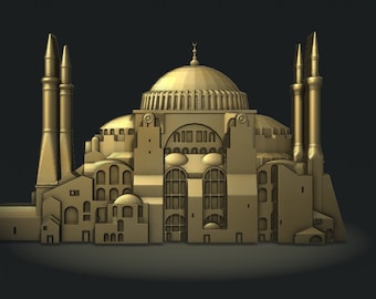 Puede incluir: Un modelo dorado de la Santa Sofía, una famosa mezquita en Estambul, Turquía. El modelo presenta detalles intrincados, incluyendo la cúpula, los minaretes y las ventanas.